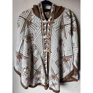 Women's Alpaca Wool Hooded‎ Knit Yarn Cape Coat Poncho - Wooden Buttons